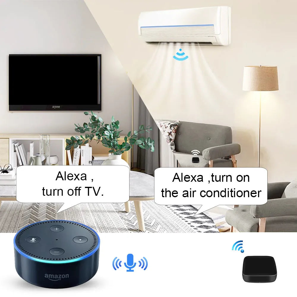 Black universal infrared remote control with voice command and WiFi functionality