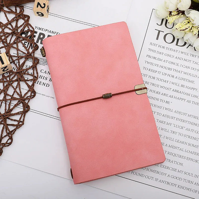 A6 48K leather look notebook with cowhide rope tie, grey cover, closed with rope