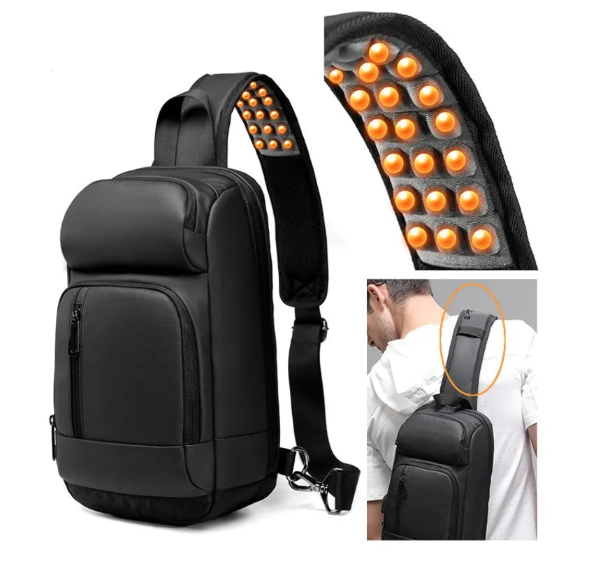 Black square vertical PVC shoulder bag showing organiser pockets and air cushion strap.
