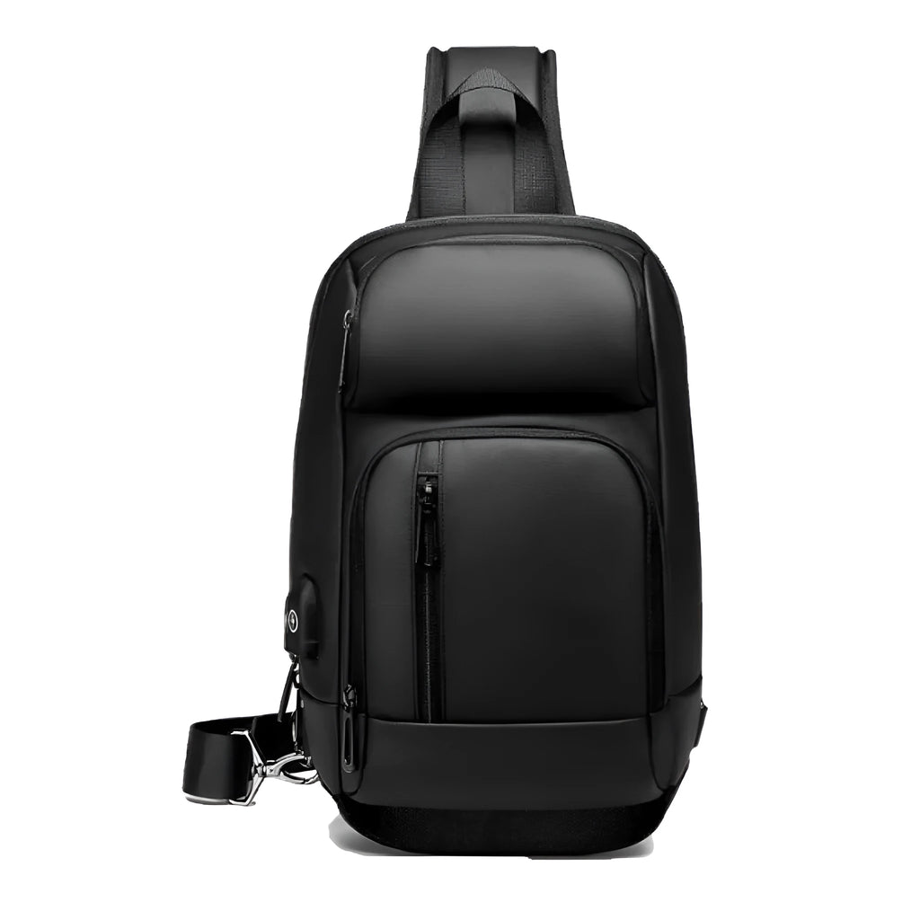 Black square vertical PVC shoulder bag showing organiser pockets and air cushion strap.