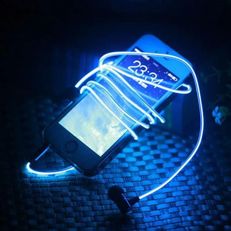 Blue LED light-up earphones with a remote control, compatible with iPhone and Samsung phones.