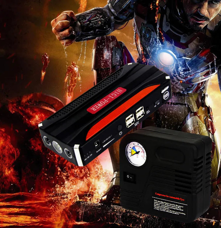 12V car jump starter 300A 600A peak with battery clamps, chargers, laptop connectors and retail tool case