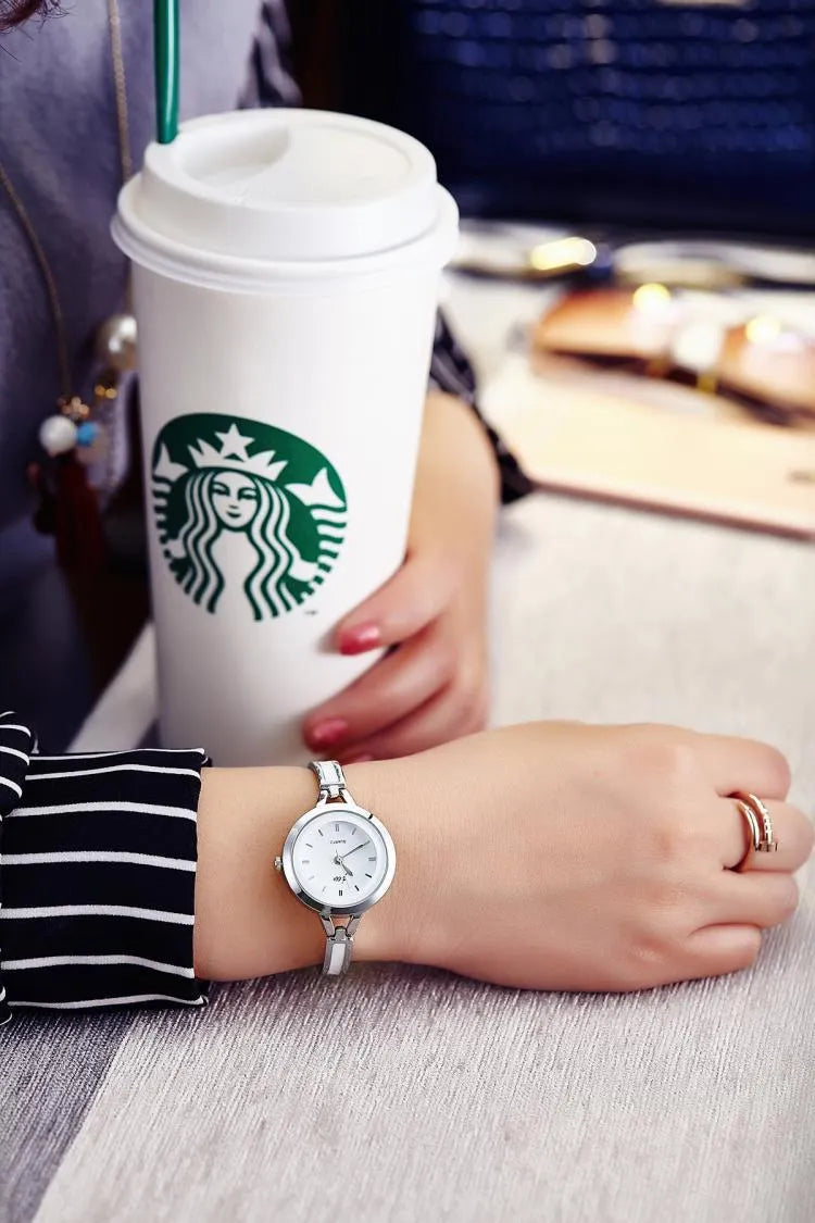 25mm round fashion watch bracelet with stainless steel strap, metal case, and gold or silver colour option