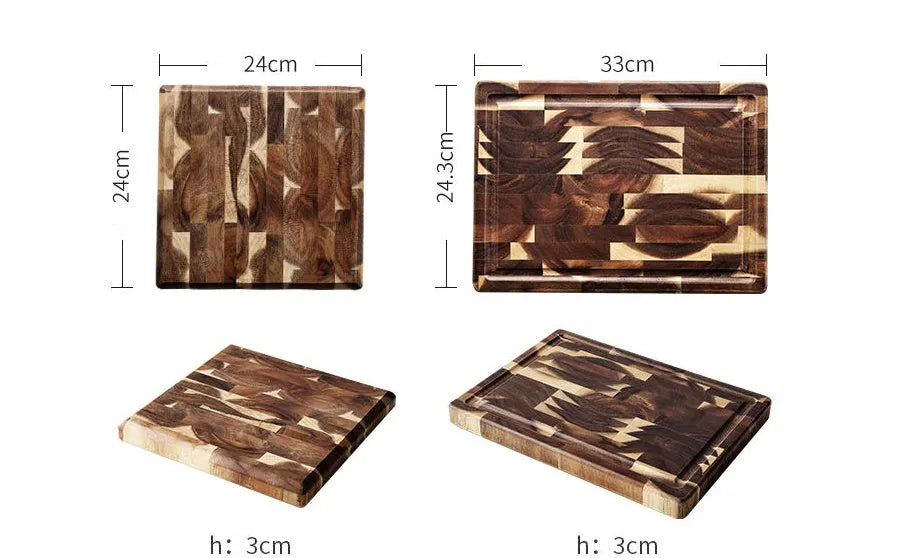 Brown parquet-pattern solid wood chopping board with 3cm thickness on a kitchen counter.