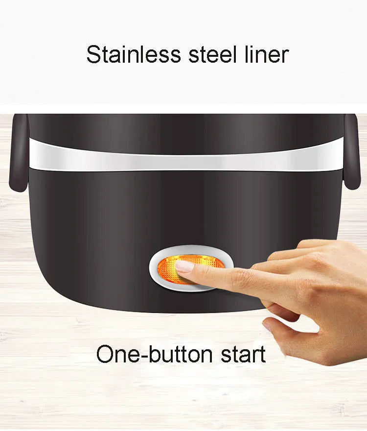 White electric lunch box with USB cable plugged in, showing two-layer food compartments
