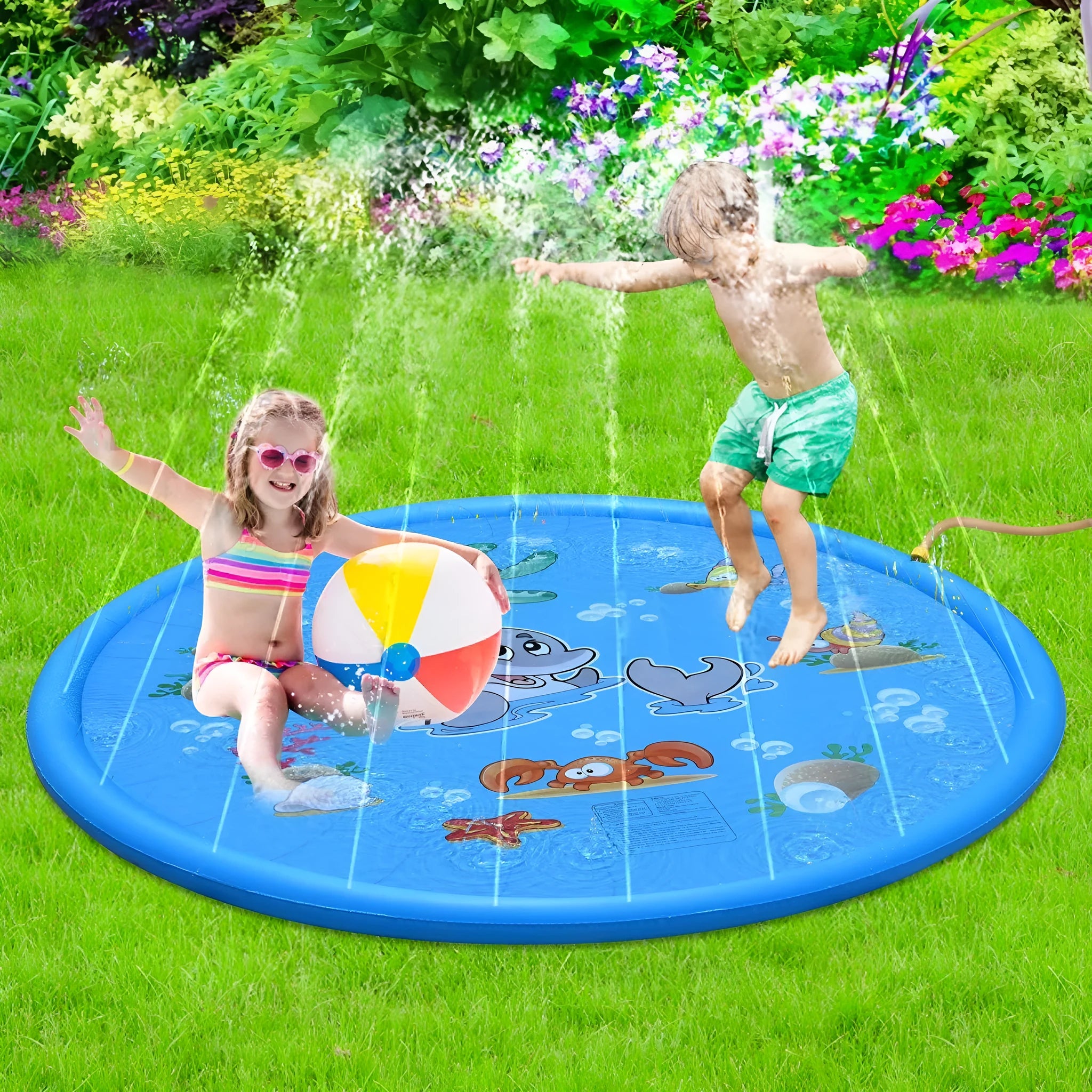 Blue PVC children's water spray play mat with marine animal graphics, measuring 100cm by 170cm