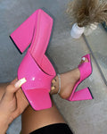 Women's square toe high heel slippers in black, orange, or rose red with triangular heel and rubber sole