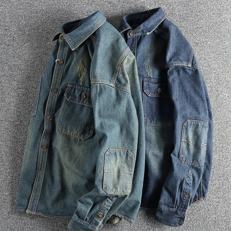 Men's vintage denim shirt in light blue washed cotton with loose cardigan fit and long sleeves