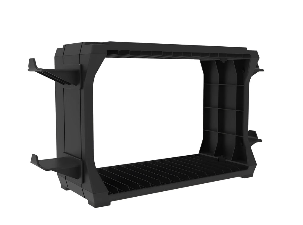 Black PS5 and Xbox Series X game disc holder with slots for discs and pegs for four controllers.
