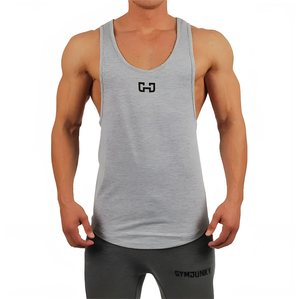 Men bodybuilding tank top in black, muscle fit sleeveless gym vest on model