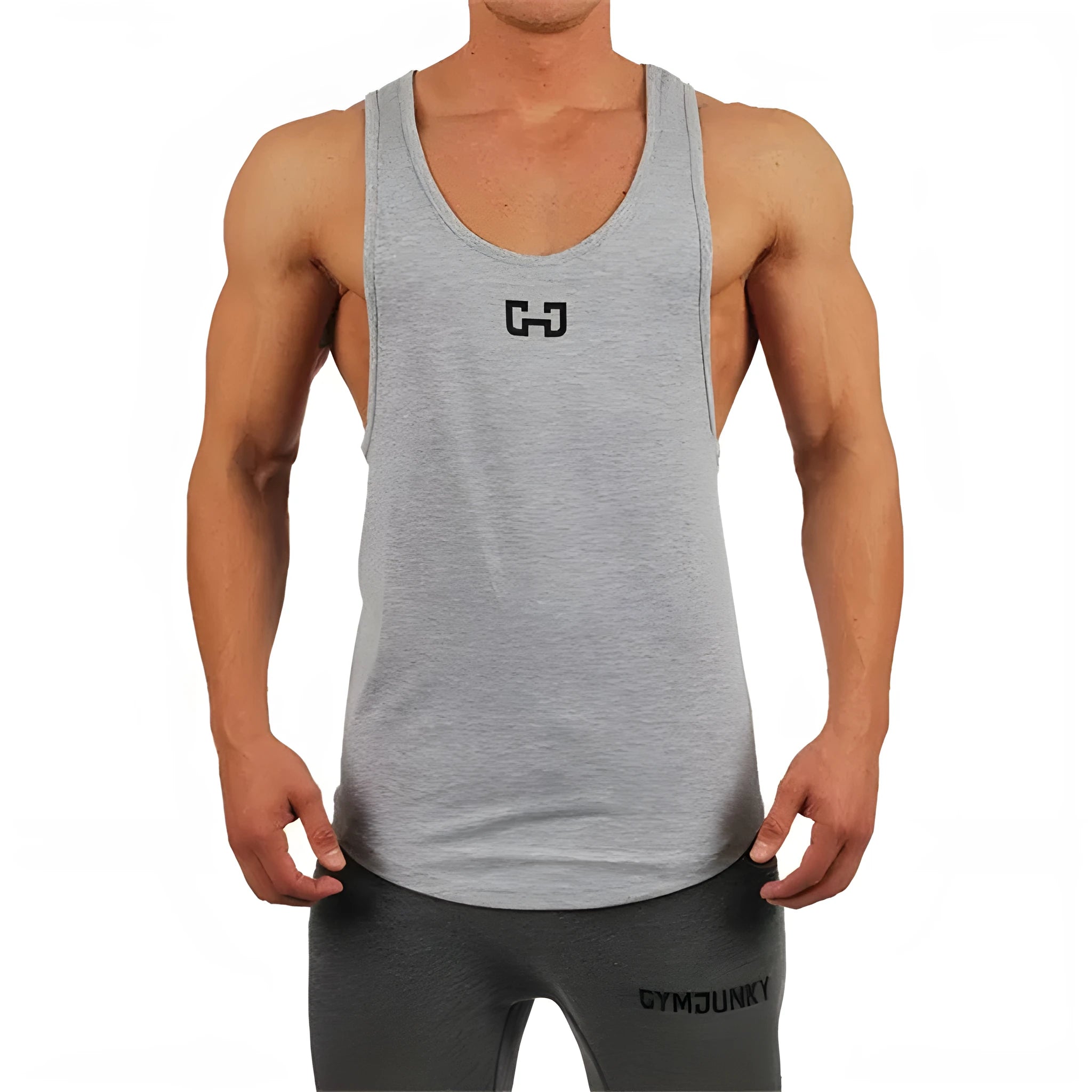 Men bodybuilding tank top in black, muscle fit sleeveless gym vest on model