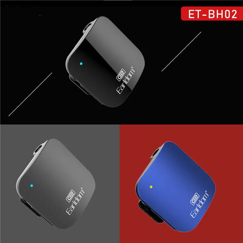 Black Bluetooth lavalier headset with clip, shown alongside packaging.