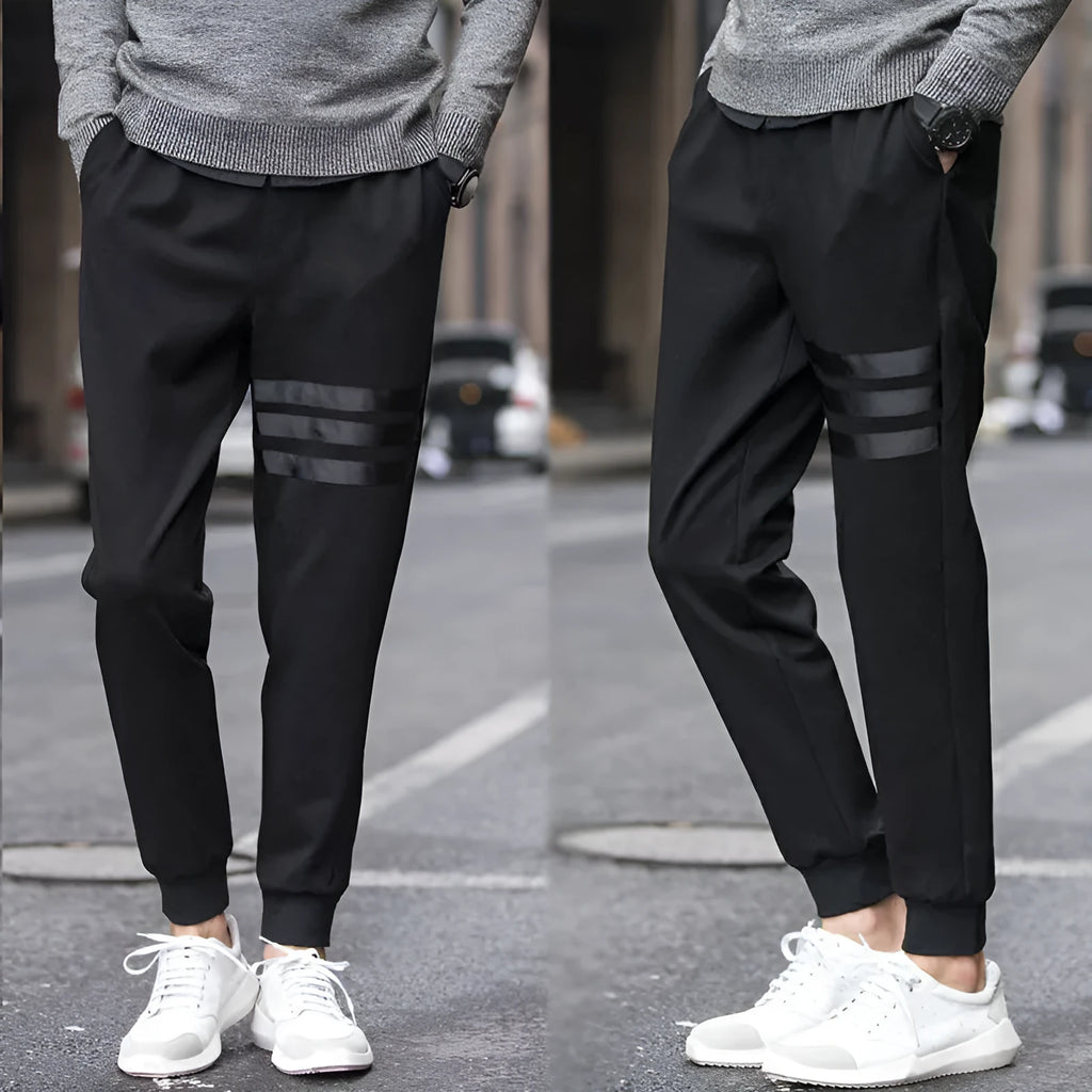 Men's black sweatpants with triple lines, slim fit, drawstring waist, sizes S-5XL