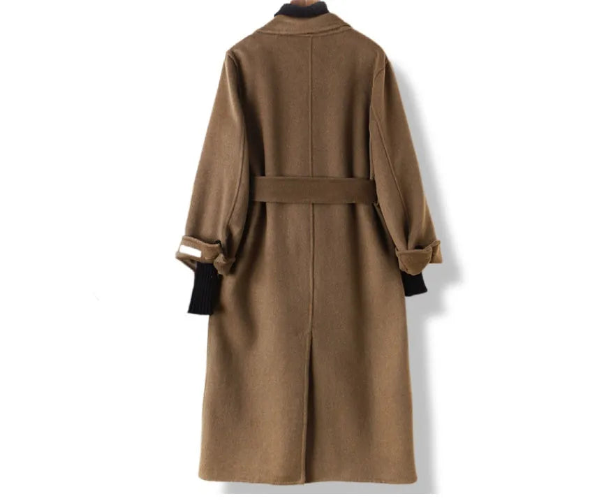 Long wool coat with suit collar in black and caramel colours showing front and back views