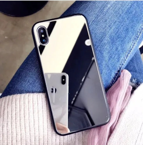 Black mirror phone case for iPhone, showing the reflective surface on the back cover.