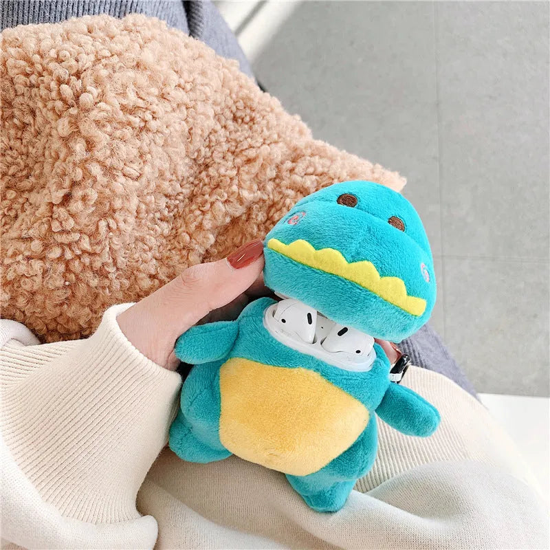 Cartoon plush dinosaur headphone protective case for AirPods 1 and 2 in green, flip type