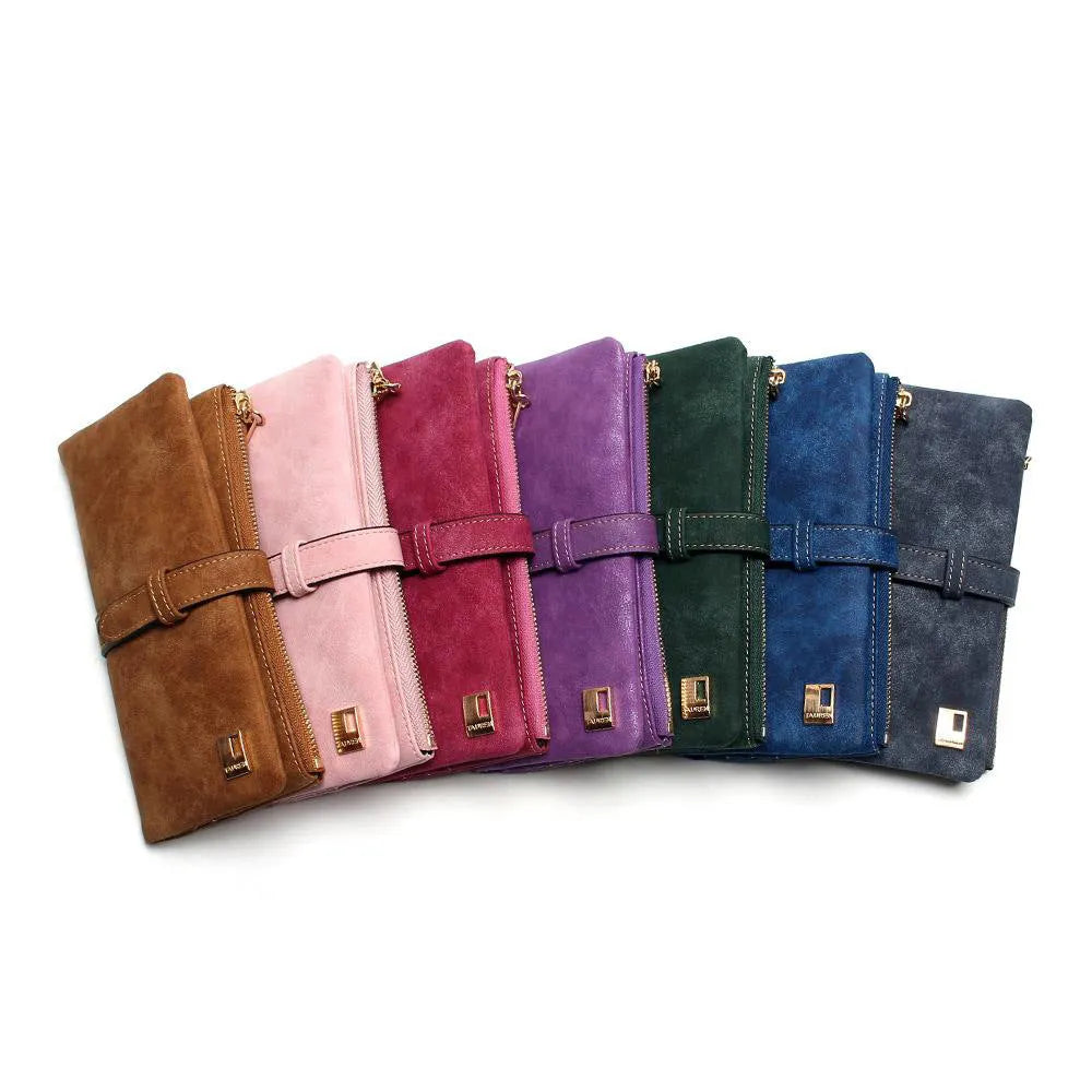 Army green women's long two-fold wallet made of matte PU leather with a drawstring zip, showing internal card slots and compartments.