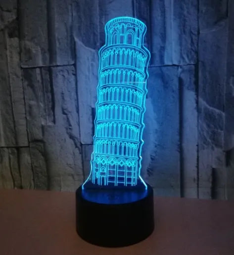 3D Leaning Tower of Pisa nightlight with seven colour options on acrylic panel with ABS base