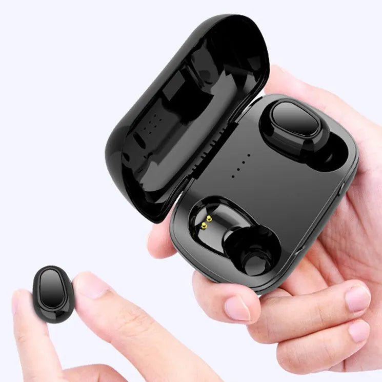 Black, pink, and white TWS Bluetooth earbuds with charging case