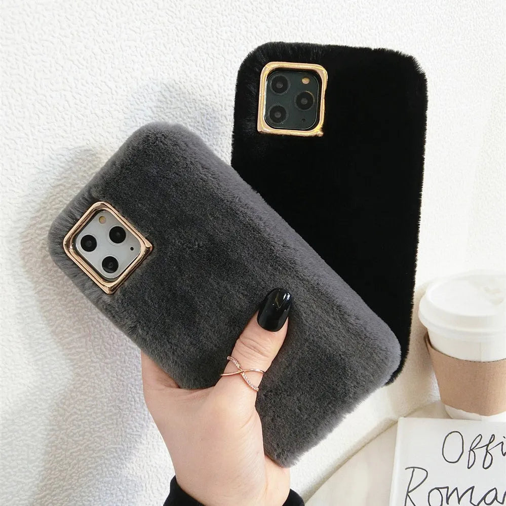 Rabbit plush iPhone case with silicone shell in apricot colour showing raised camera protection