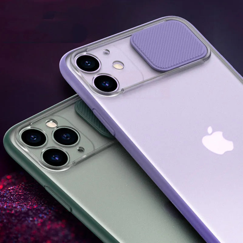 Frosted frame lens silicone phone case for iPhone in a choice of pure colours including blue, pink, and black.