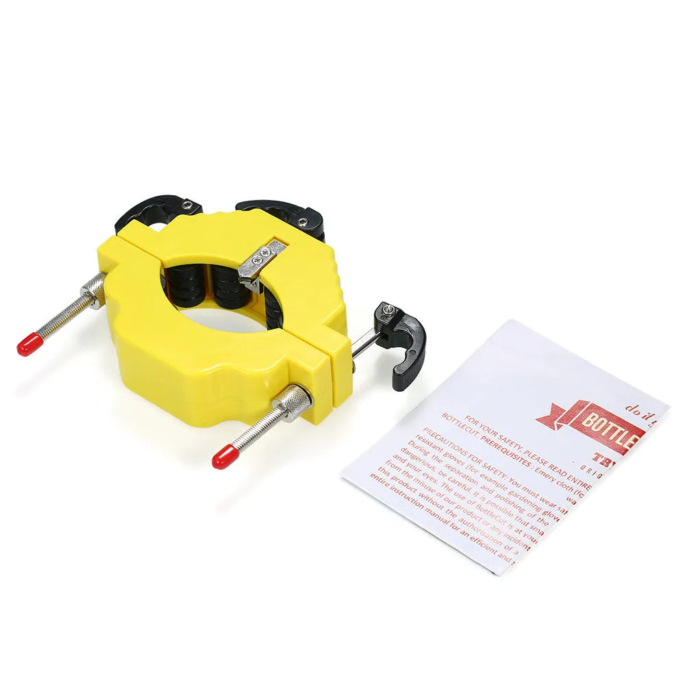 Yellow adjustable bottle cutter tool for DIY glass bottle cutting on a wooden table.