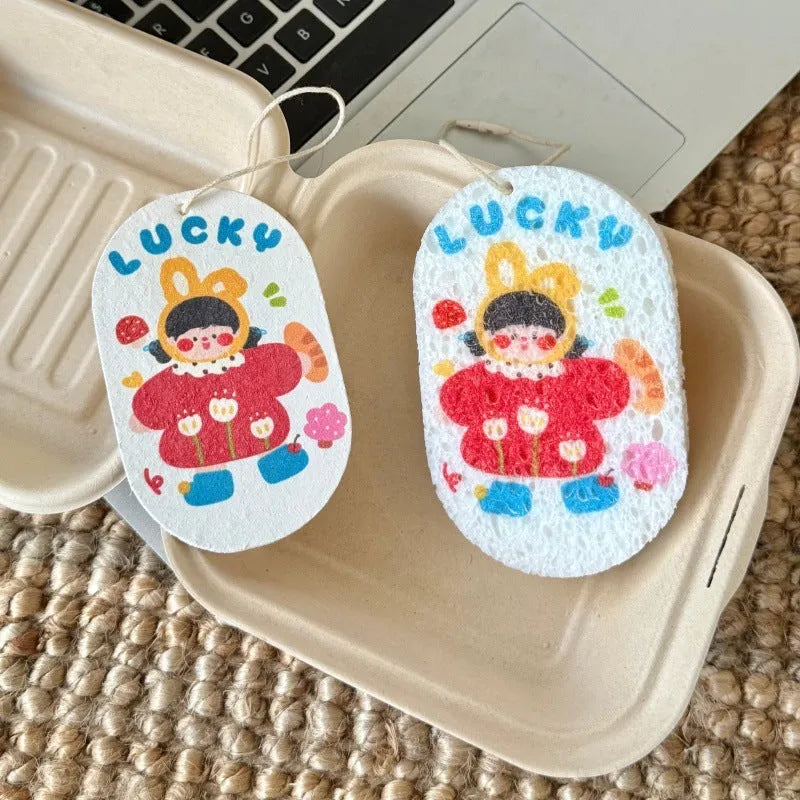 Wood pulp cellulose cartoon compression sponge disc with Little Red Riding Hood design for kitchen dishwashing