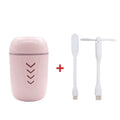 Blue columnar portable car humidifier with USB cable and 200ml water tank.