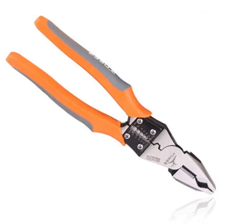 Orange multi-function wire cutter pliers with alloy steel head and plastic handles on a workbench