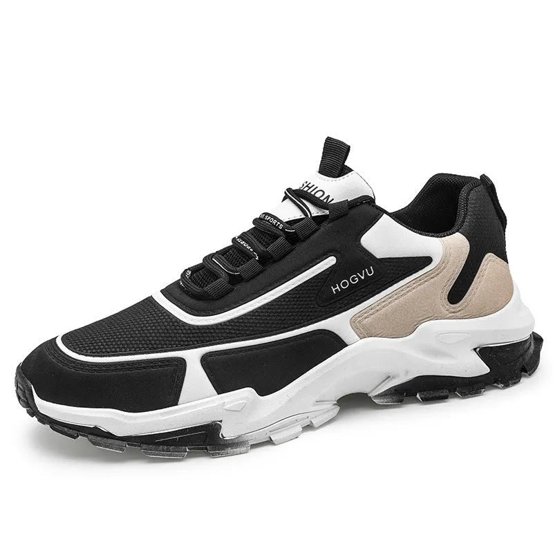 Men's breathable mesh running shoes, low-cut lace-up trainers with plastic sole, black khaki or black and blue, sizes 39-44
