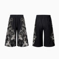 Women's grey loose-fit co-ord set with collage-stitch hoodie, matching trousers, and seven-inch shorts on a hanger.