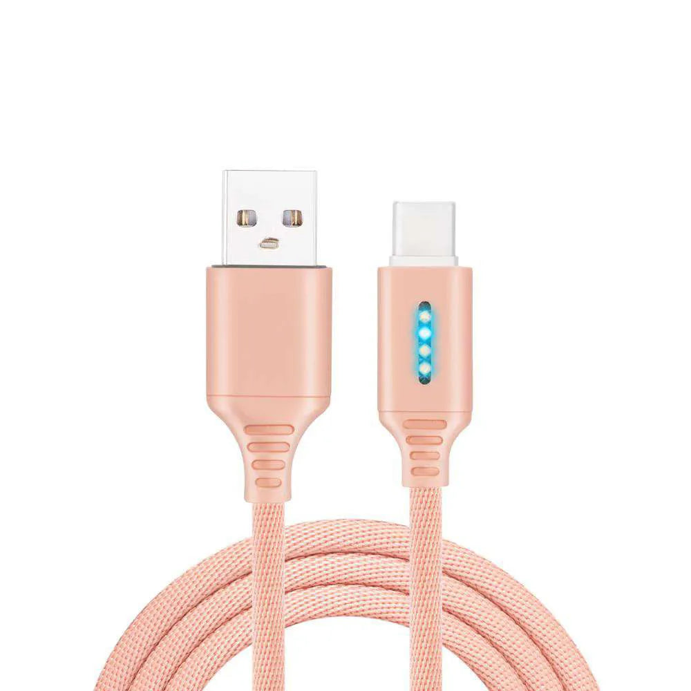 Fabric braided USB charging cable, 1 metre long, with connectors for phone and USB port.