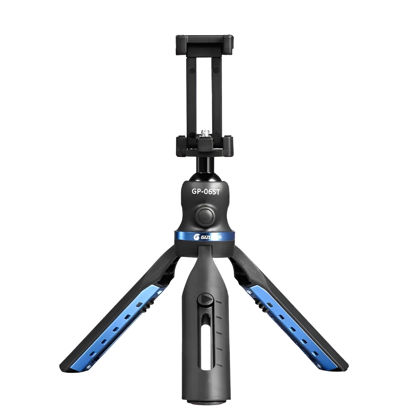 Black desktop tripod for mobile phones with aluminium alloy legs compatible with iPhone and Huawei P30 models