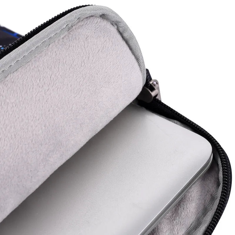 Black waterproof polyester laptop liner bag shown in 13, 14, and 15 inch sizes with dimensions