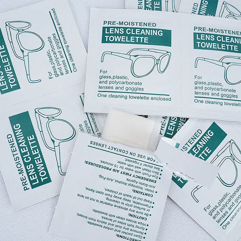 100 individually packaged quick-drying white wipes for cleaning glasses and optical lenses