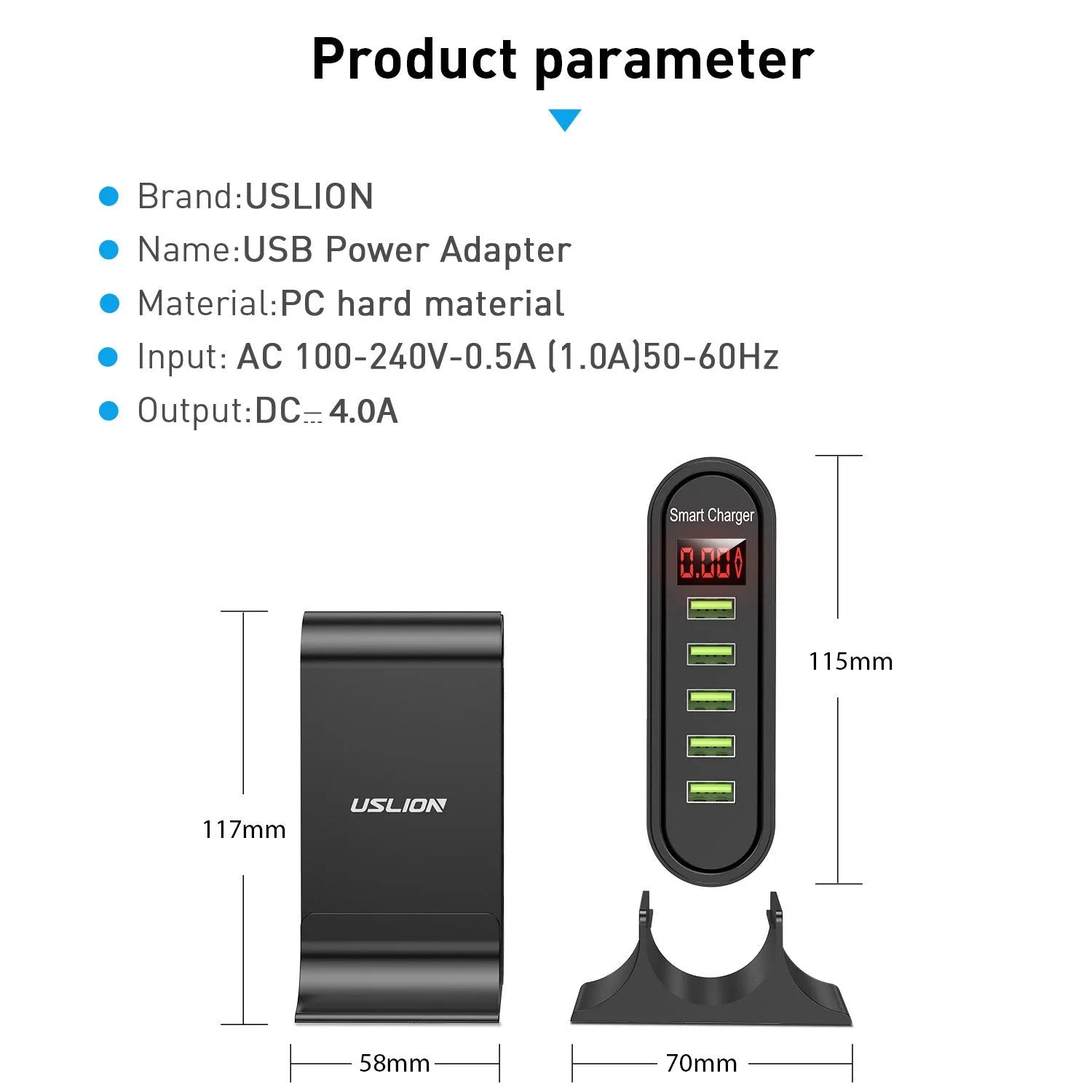 Black and white smart USB wall chargers with LED digital displays and UK plugs