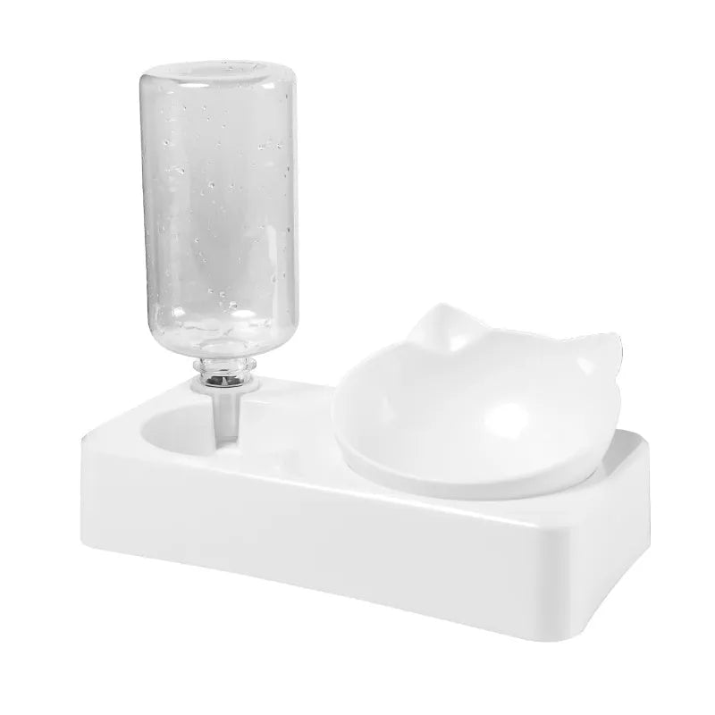 Automatic water storage dog bowl with 15-degree adjustable double bowl, white, showing tilted design for improved eating posture