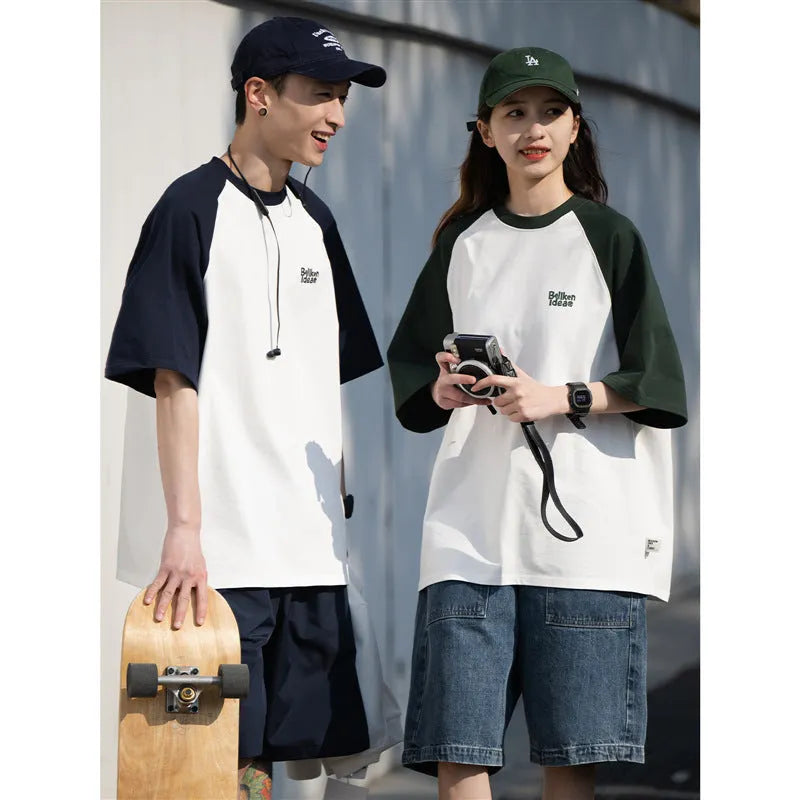 Japanese junior raglan sleeve t-shirt for men in blue, green, or grey with loose pullover style