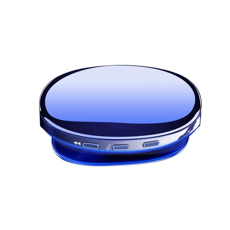 A portable Bluetooth MP4 music player in blue with an OLED screen, showing the music interface.
