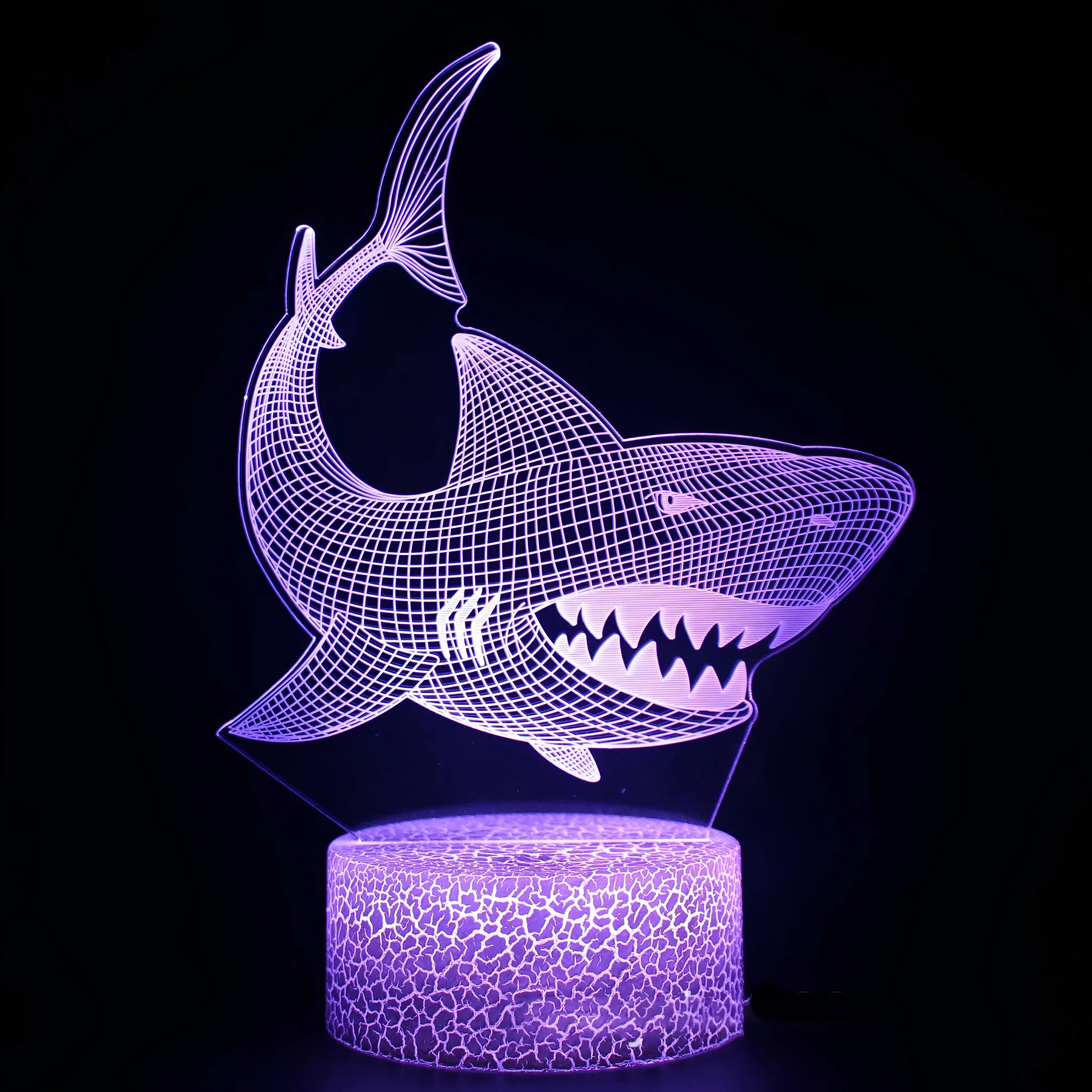 Blue shark-shaped 3D LED table lamp on a square ABS base with remote control for 16 colours.