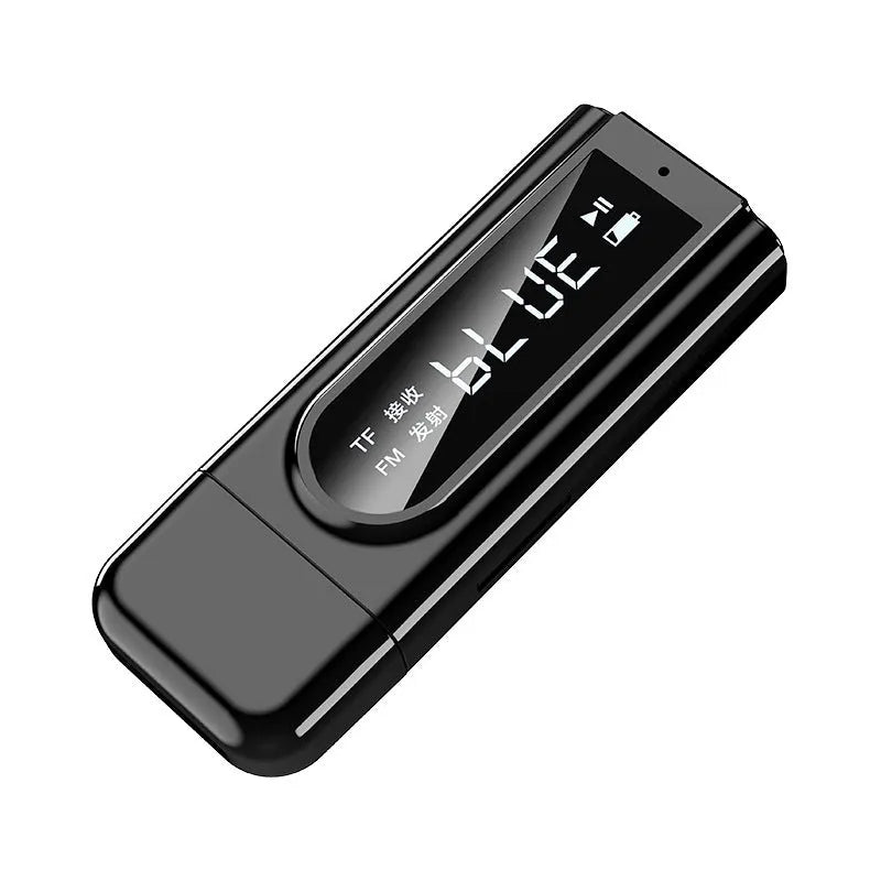 Black USB car FM Bluetooth receiver plugged into a 12V socket for wireless music streaming.