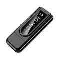 Black USB car FM Bluetooth receiver plugged into a 12V socket for wireless music streaming.