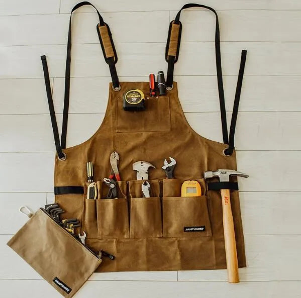 Yellow leather webbing apron in coated canvas, adjustable fit for men and women, with tool storage.