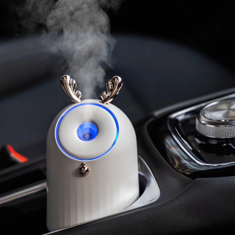 Compact USB humidifier table lamp with 250ml water tank, 145mm height, available in blue colour, sitting on a desk