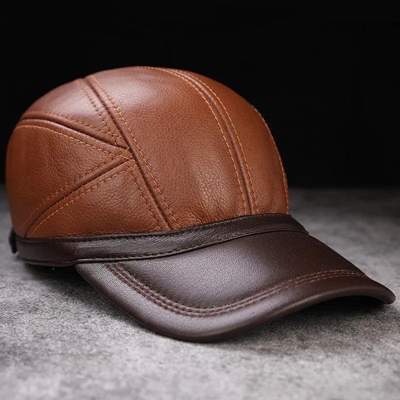 Men's cowhide leather baseball cap with flat short eaves and dome top, adjustable 56-60cm, shown in brown