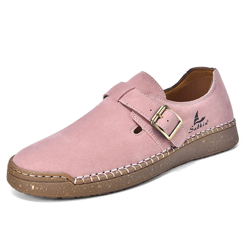 Women's low top PU loafers with buckle fastening, round toe and flat 1-3cm heel in solid colour
