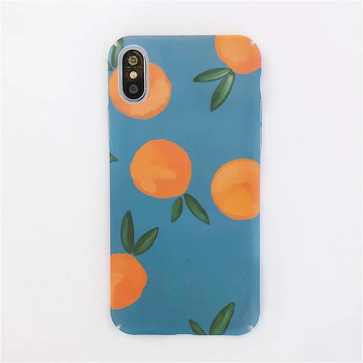 Plastic iPhone case with retro orange fruit and water design on blue background.