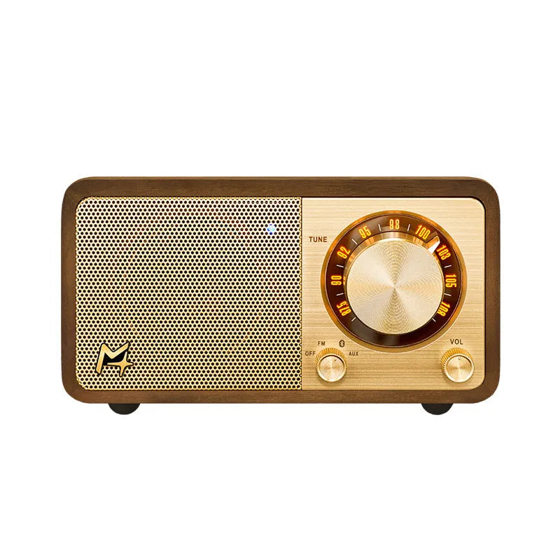 Bluetooth portable speaker with wooden box body in log colour, compact size 115x73x65mm
