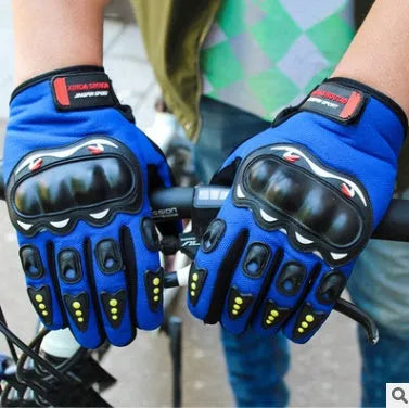 Full finger riding gloves in black, blue, or red with touch screen fingertip, hard shell, anti-slip palm, and Velcro closure
