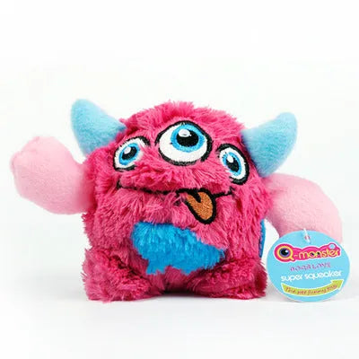 Monster dog toy with TPR spiky ball inside and squeaker, shown in green, blue, and rose red, 12cm and 6cm sizes.